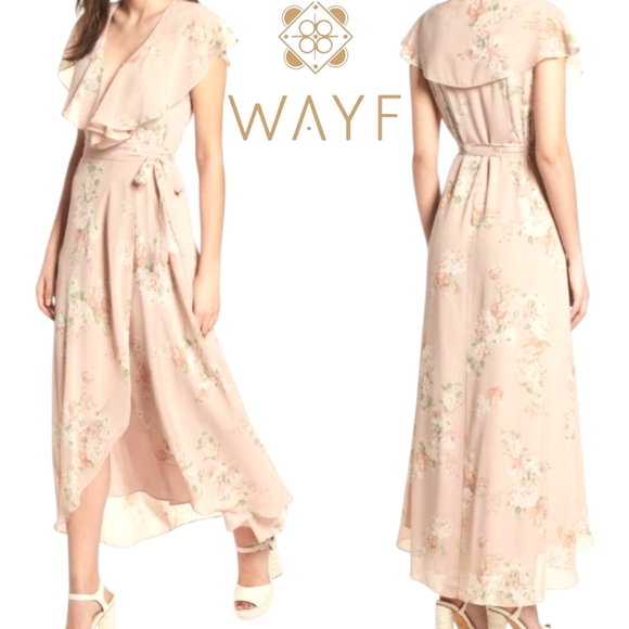 WAYF Polermo Georgette Chiffon Hi-low Front Wrap Dress Blush Floral Ruffled SM - Picture 1 of 12